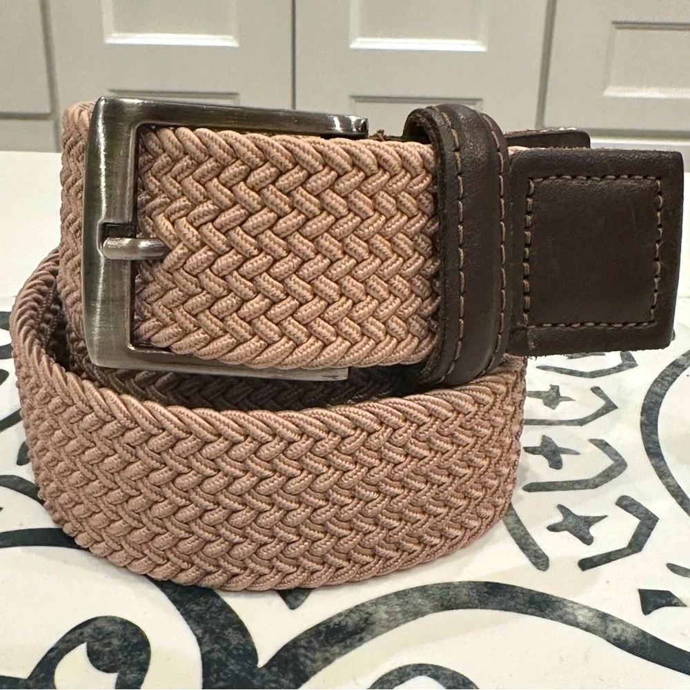 Men’s Beige Neutral Brown Woven Braided Leather Belt Classic Stretch Size 40